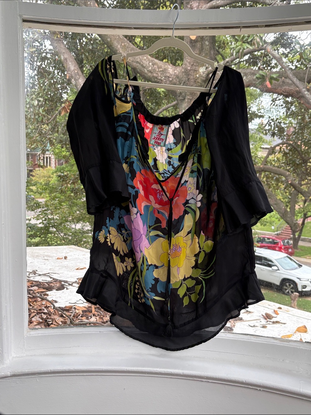 Johnny Was Black Floral Peasant Blouse with Multicolor Blooms